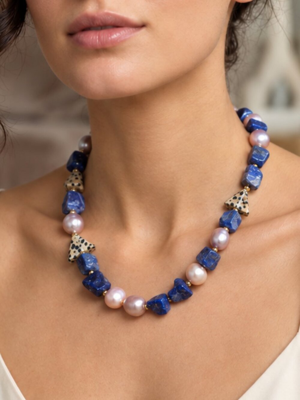 Lapis Lazuli Baroque Pearl Statement Necklace Handmade